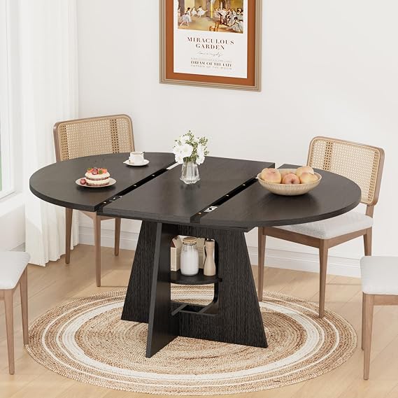 4359'' Round Extendable Dining Table Seats 48, Modern Oval Kitchen Table with Storage Shelf for Kitchen Living Room Apartments Family Meals, Black