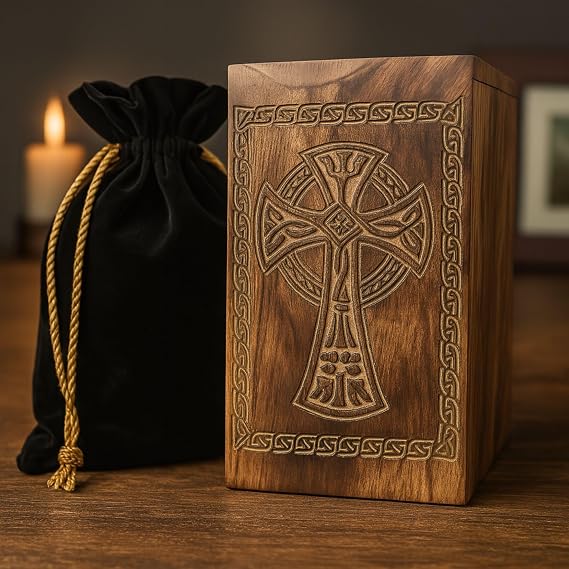 Hashcart Celtic Cross Wooden Cremation Urn for Human Ashes, 110 Lbs
