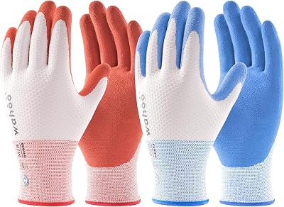 wahoo Gardening Gloves for Women, Garden Gloves with Latex Palm Coated, Breathable B.COMB AIR Technique, Pureed Pumpkin & Azure Blue, Large, 2 Pairs