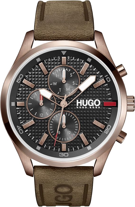 HUGO #Chase Men's Multifunction Stainless Steel and Leather Strap Casual Watch, Color: Brown (Model: 1530162)