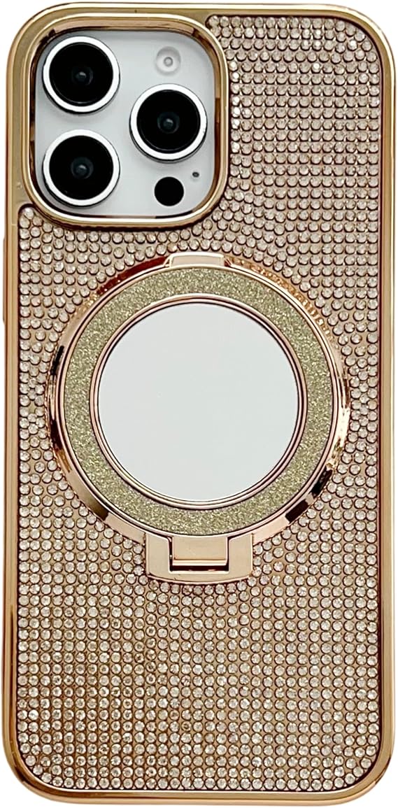 Caseative for iPhone 13 Pro Case,Glitter Bling Diamond Mirror with Stand Holder Magnetic Compatible with MagSafe Wireless Charging (Gold,13 Pro)