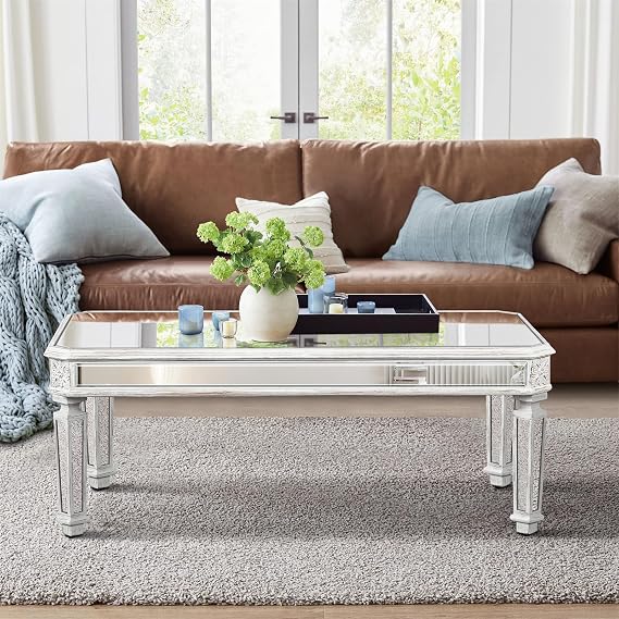 48'' Mirrored Coffee Table Vintage Center Table for Living Room Office, Natural Carving Solid Wood Frame, Modern Mirrored Rectangle Glass Tea Table for Apartment, 48''x24'' Glass Top