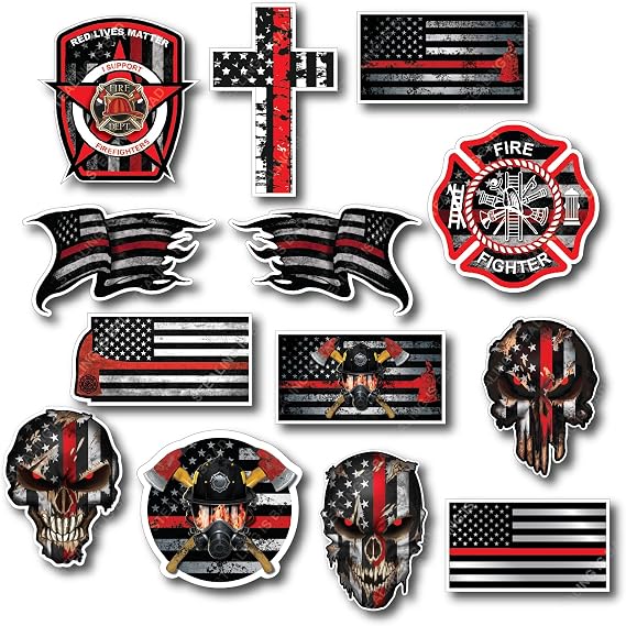 Mega Variety Pack of 13 Thin Red Line Firefighter Stickers Fire Department Fire Truck Red Lives Matter Decal Sticker Car Truck RLM (13 Small Decals)