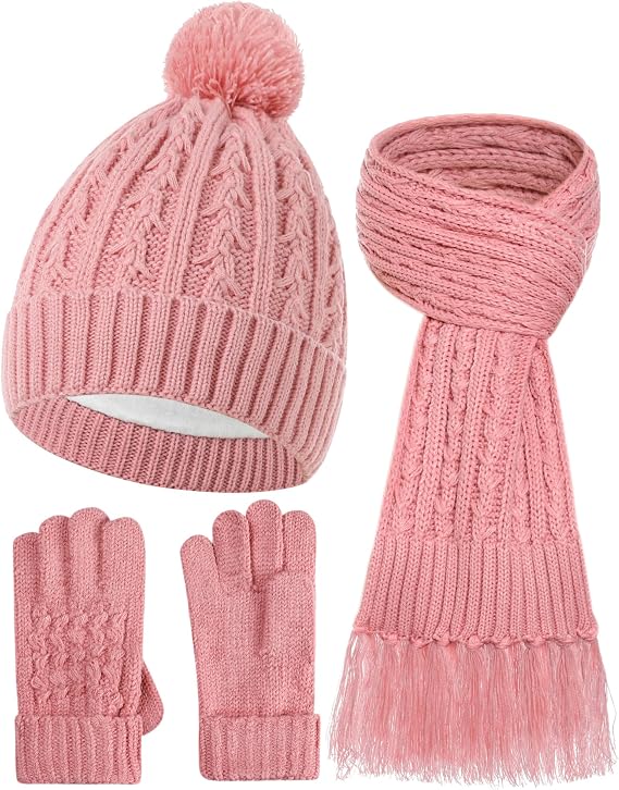 Kids Winter Hat Gloves Scarf Set, Gift for Girls Boys Toddler w/Fleece Lined Pom Beanie Ski Cap Warm Scarf Mittens for 2-15Y