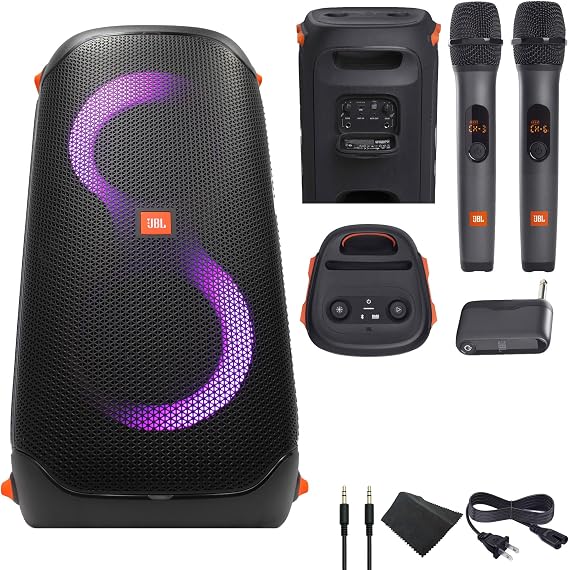 JBL PartyBox 110-160W Portable Wireless Speaker - Powerful Sound and deep bass (JBLPARTYBOX110AM) + Wireless Two Microphone System with Receiver + AUX Cable + Microfiber Cloth