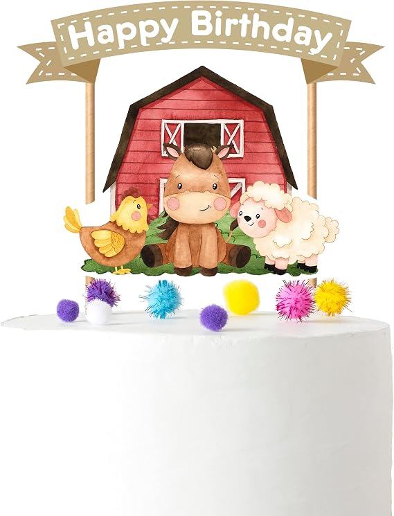 Farm Animals Cake Topper Barnyard Birthday Party Decorations with Barn, Horse, Sheep & Chicken for Kids and Baby Shower Supplies