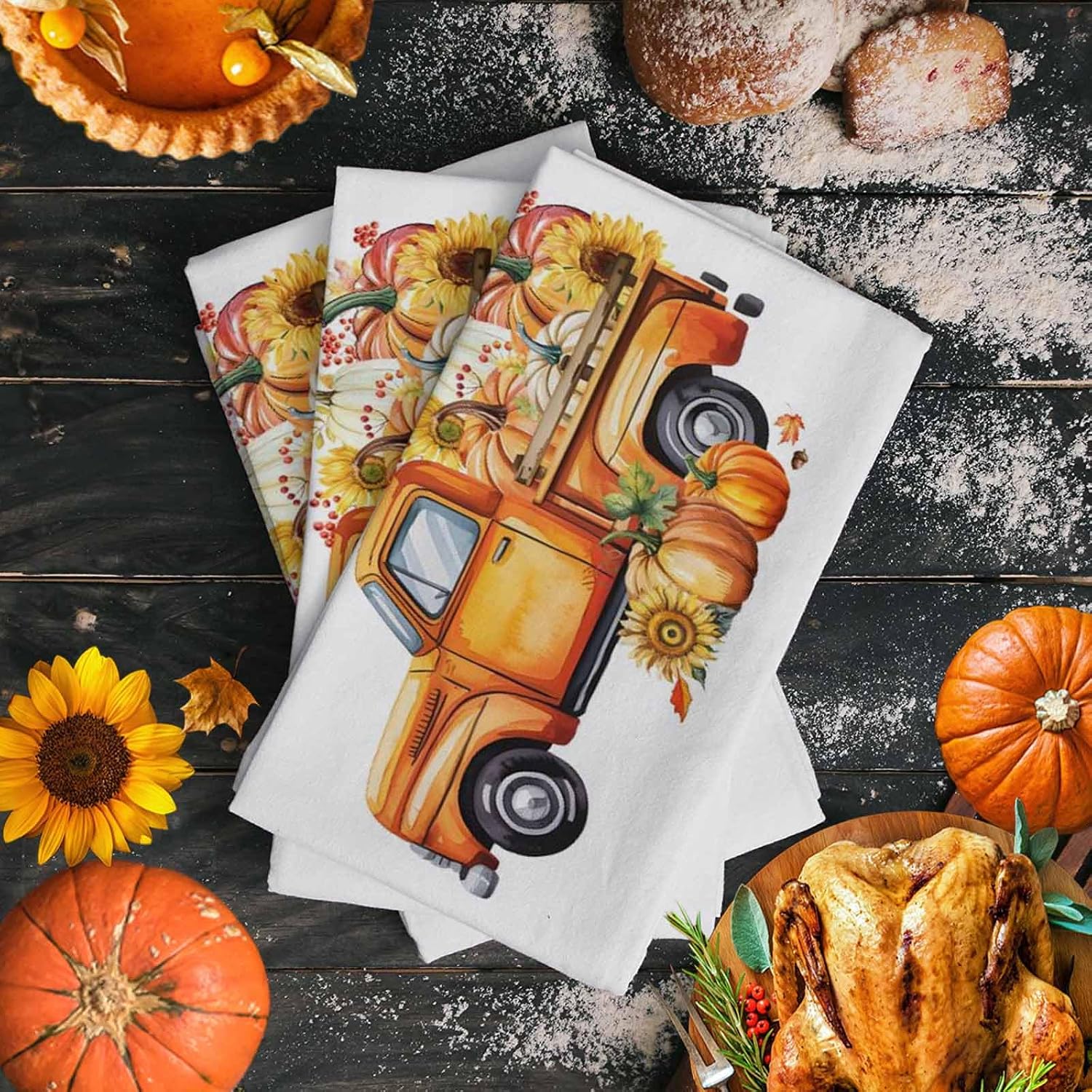 Kitchen Towels Cotton Dish Towel, Watercolor Truck Pumpkin Sunflower Soft Dishcloth Absorbent Tea Towel, Autumn Maple Leaves Reusable Washable Hand Towels 4 Pack
