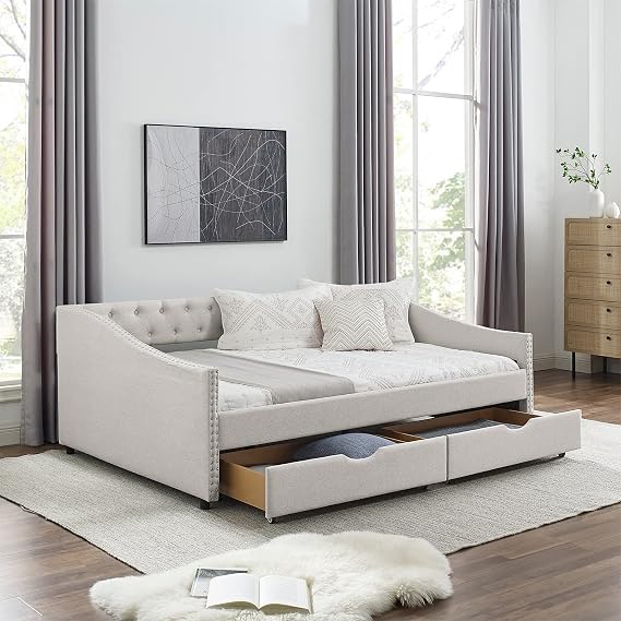 Daybed with Drawers, Modern Linen Upholstered Full Size Day Bed Button-Tufted Sofa Daybed Frame with Double Drawers, No Box Spring Needed, Furniture for Bedroom Living Room Guest Room (Beige, Full)