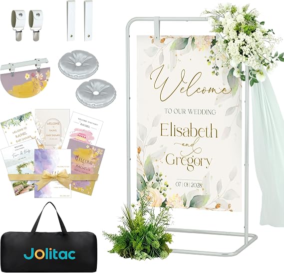 Jolitac Wedding Welcome Sign Holder, Adjustable Wedding Sign Stand Leather Hanging Straps & Design Bundle Heavy Duty Metal Easel Stand for Seating Charts, Bridal Showers, Birthday Party Displays
