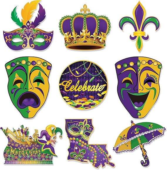 Large Mardi Gras Decorations with Comedy Tragedy Face Mardi Gras Float Mask Cutouts for Themed Party Prom Supplies-9 Pcs
