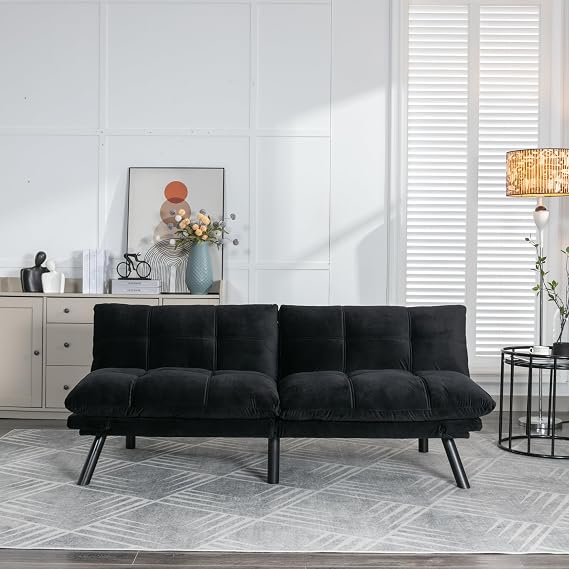 Convertible Sofa Bed 67''Futon Sofa Bed with Adjustable Armrests and Backrest Folding Futon Sleeper Recliner with Metal Legs Upholstered Sofa Couch Love Seat for Living Room Apartment, Black