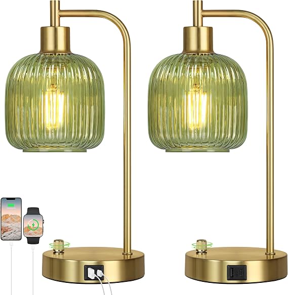QiMH Industrial Table Lamp for Bedroom Set of 2, Green Glass Beside Lamp with USB A&C Ports, Stepless Dimmable Gold Lamps, Nightstand Lamps for Living Room, Office, Home Decor(Bulb Included) | USB A+C Charging Ports, Stepless Dimmable, Brushed Gold, 2 Dimmable LED Bulbs, Thickened Vintage Green Glass Lampshade