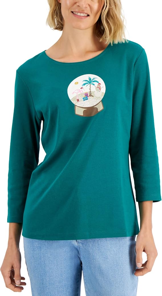 Karen S Petite Holiday Print 3/4 Sleeve Tops