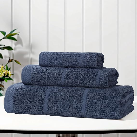 SUPERIOR Ultra Soft Quick Dry Absorbent Cotton Blend Towel Set for Bathroom, Bath Essentials, Ribbed Design Milo Towel, 3 Piece Assorted Towel Set, Navy Blue