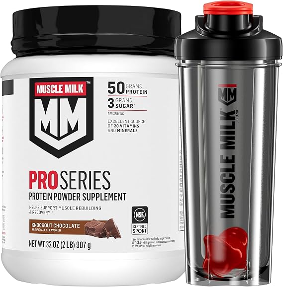 Bundle of Muscle Milk Pro Series Protein Powder Supplement,Knockout Chocolate,2 Pound,11 Servings,50g Protein,3g Sugar + Muscle Milk Blender Bottle, 24 Oz