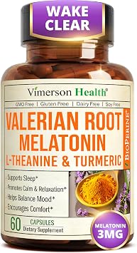 Melatonin 3mg + Valerian Root for Sleep, Daily Calm & Stress Relief Support Natural Sleep Aid: Organic Turmeric Melatonin Valerian Supplement with L-Theanine, Ginger & Black Pepper 60 Capsules