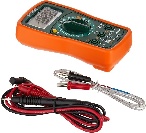 Extech MN35 Digital Mini Multimeter, Autoranging, 8-Function | AC/DC voltage and current, resistance, diode, continuity, autoranging, large LCD, holster, 9V, leads
