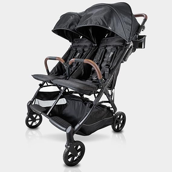 Strolee Lightweight Double Side by Side Stroller for Travel - 22 Lbs, 9.5" Compact Fold, Infant to Toddler, No Rethread Harness, Magnetic Buckle & Ultra Plush Seat 60Lb Max Per Seat- (v2 Black)