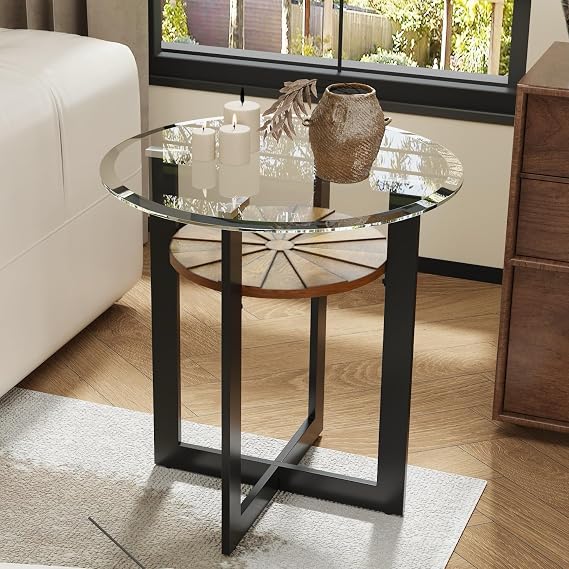 Set of 2 Round End Side Table with 8mm Tempered Glass Top, 2-Tier Sofa Bedside Table with Cross Metal Leg, 23.8"Dia x 24.4"H Circle Side Table with Wood Shelf for Living Room Black Metal Leg CJZ-B2616