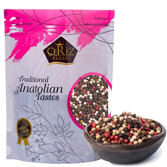 Cerez Pazari Rainbow Peppercorn Blend 7oz, Whole Black, Pink, Green, White Whole Peppercorns For Grinder Refill, Natural, In Bulk Resealable Bag,