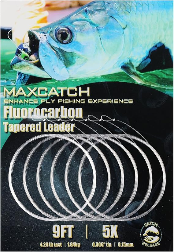 Maxcatch Fluorocarbon Tapered Leader 6 Pack Fly Fishing Leaders with Pre-Tied Loop, 100% Pure Fluorocarbon, High Strength & Low Visibility, 9ft 3X/4X/5X/6X