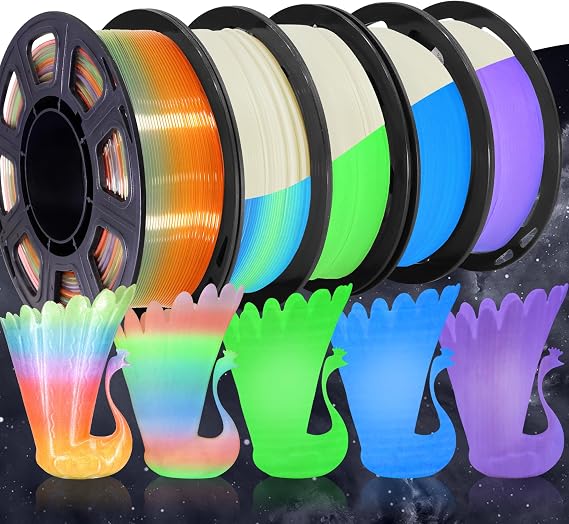 PLA 3D Printer Filament 5 in 1 Bundle: Glow in Dark Green/Blue/Purple/Rainbow, One Spool Clear Multi Colored, Each Spool 250g, Total 1.25Kg 3D Printing Material, 250g x 5 Spools PLA
