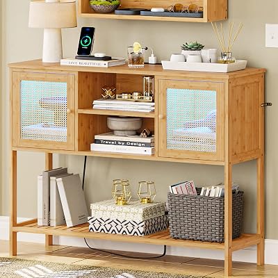 Console Table with Outlets and USB Ports, 39.4 Entryway LED Lights, 2 Rattan Storage Cabinets Open Shelves, Sofa Table, Entry Hallway Foyer for Living Room
