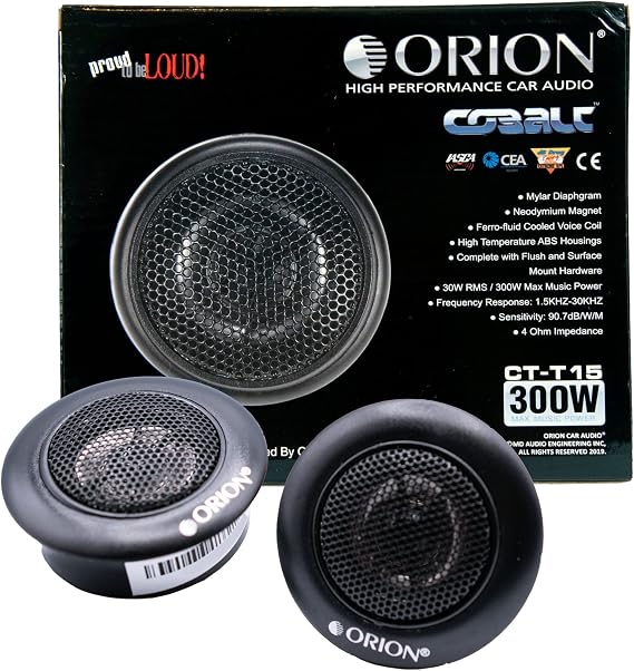 Orion Cobalt Series CT-T15-1 Neodymium Silk Dome Tweeters | Silk Diaphragm, Surface/Flush Mount, 30W RMS, 300W Max, Built-in Crossover - Car Audio Tweeters (Pair)