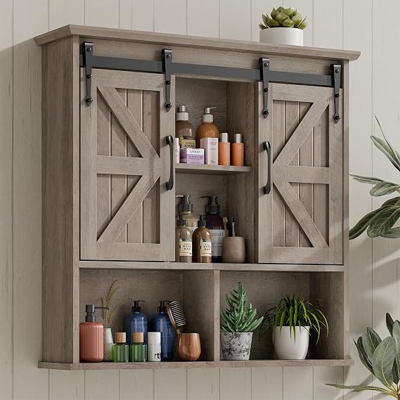 Vabches Bathroom Wall Cabinet, Farmhouse Medicine Cabinet, Washed Oak
