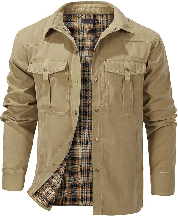 Flygo Mens Flannel Lined Shirt Jacket Snap Button Western Cowboy Jacket