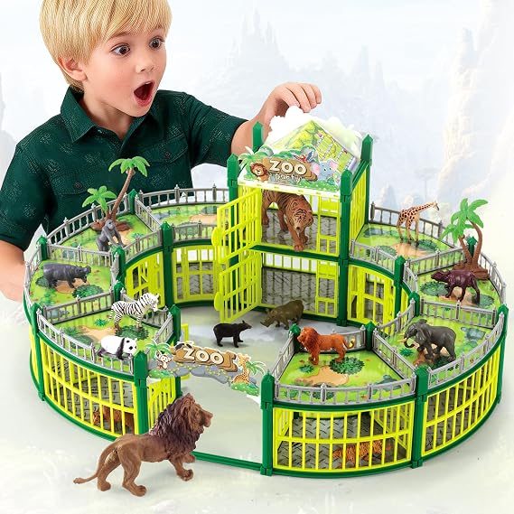 Complete 248PCS Animal Playground Set with 14 Realistic Wild Animals Build Your Own Animal Park, Interactive Playset with Openable Fences & Battle Station, for Boys Girls Kids Toddlers 3-8