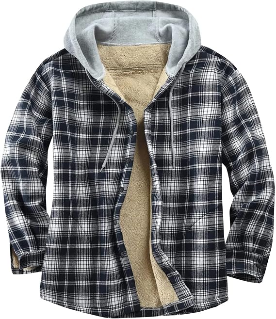 Flygo Flannel Shirt Jacket Men Fleece Hoodie Sherpa Lined Plaid Button Down Fall Winter Jackets with Hood
