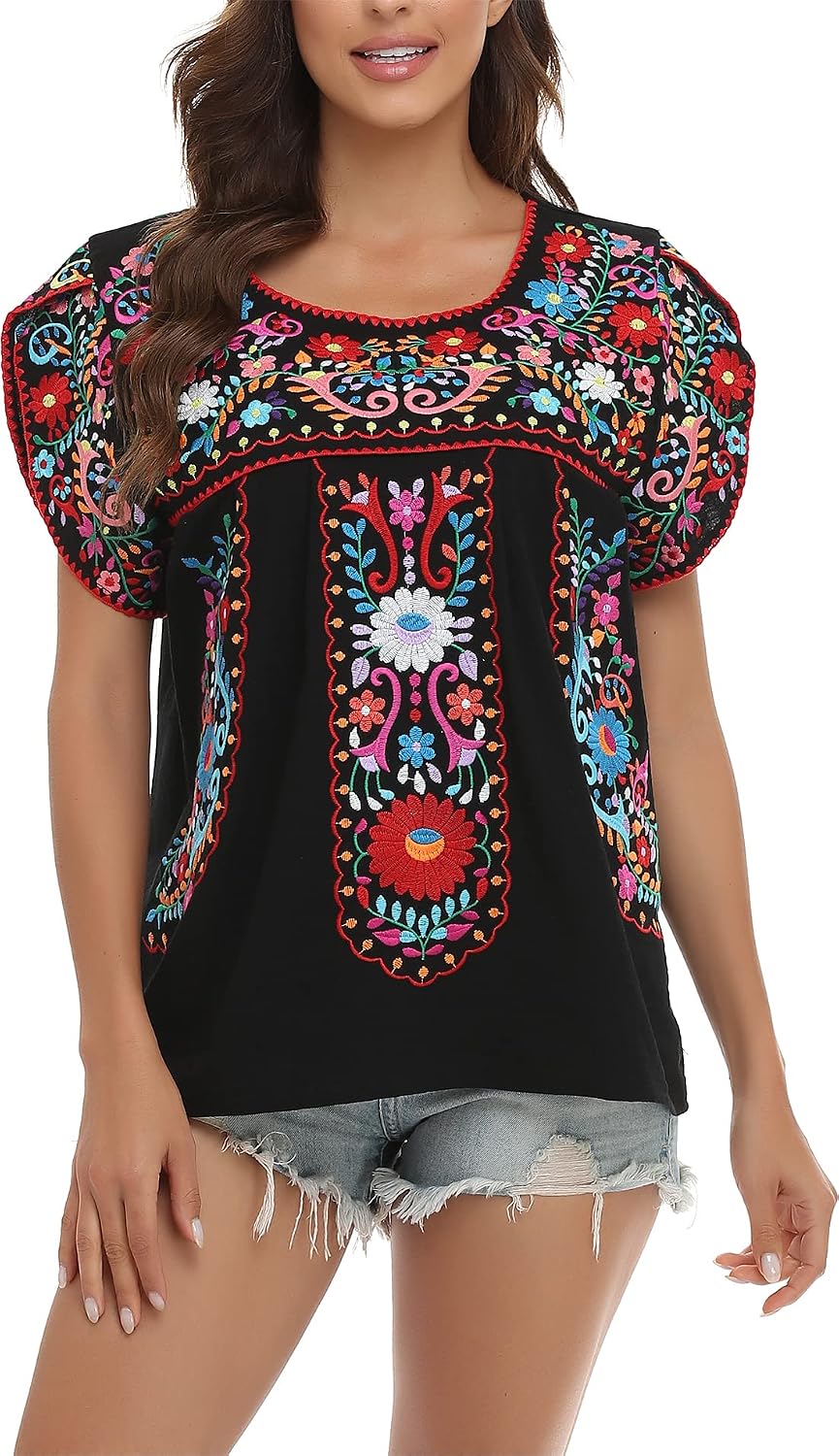 YZXDORWJ Womens Summer Boho Embroidery Mexican Bohemian Tops Shirt Tunic