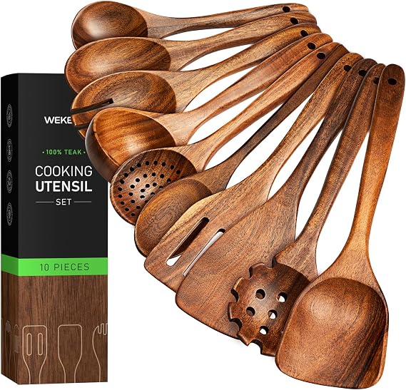 10 Pcs Teak Wooden Utensil Set, Wooden Spoons & Spatula for Cooking