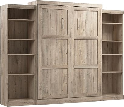 Bestar Pur Full Size Murphy Bed with Shelving Unit (84W) in White, Space-Saving Sleeping Arrangement for Multipurpose Bedroom