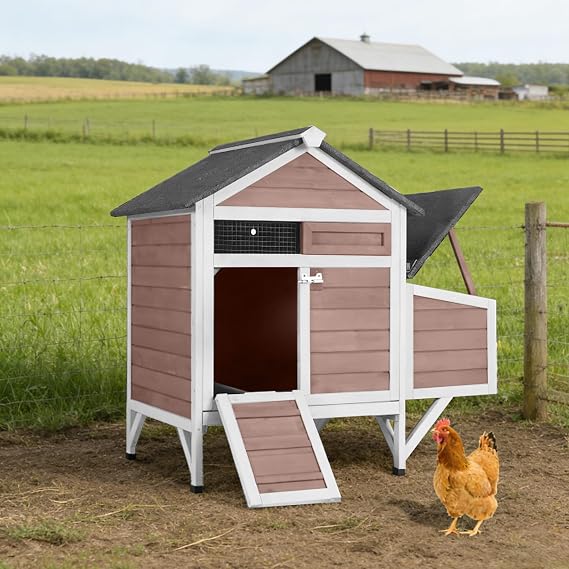 Chicken Coop Outdoor Weatherproof Chicken House with Lockable Nesting Box Slide-Out Cleaning Tray 2 Round Perches & Elevated Predator-Proof Base for 2-4 Chickens Ducks Brown