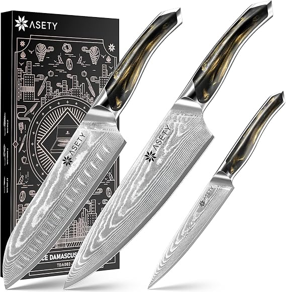 ASETY Damascus Knife Set 3 PCS, Japanese Chef Knife Set with Resin Handle
