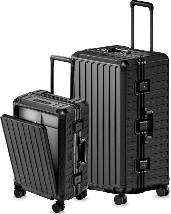 LUGGEX 2PC Front Open Zipperless Luggage Set, Aluminum, Black