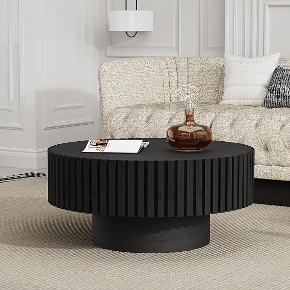 31.5In Black Mid Century Modern Round Fluted Coffee Table