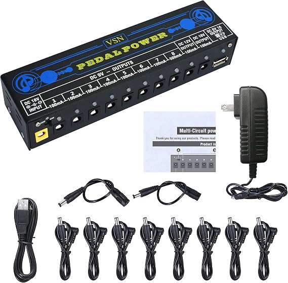 VSN Guitar Pedal Power Supply 10 Isolated DC Output for 9V/12V/18V Guitar Bass Effect Pedals with USB Ports