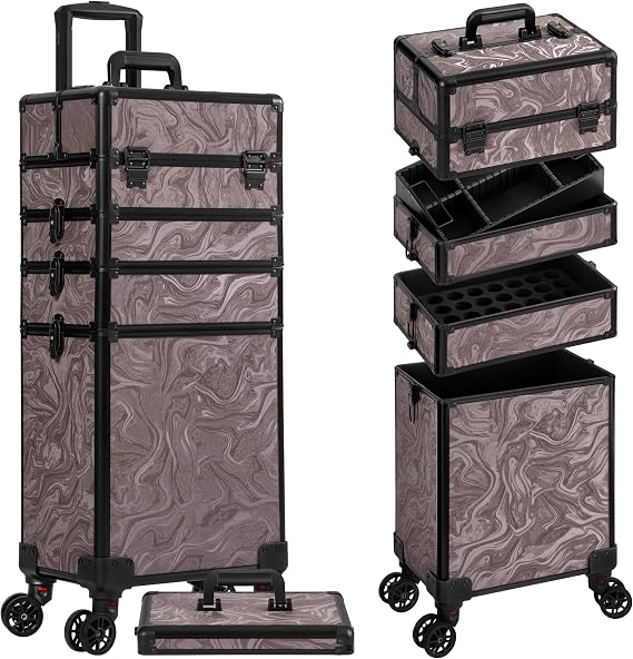 Rolling Makeup Train Case with Lid Cosmetology Case on Wheels