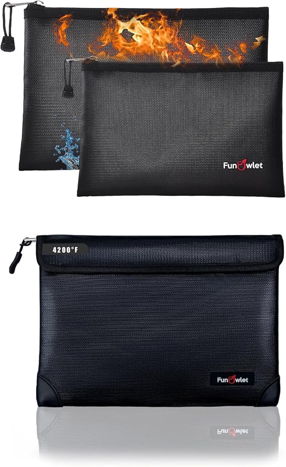 Fireproof Safe Money Document Bags - 3 Pack Waterproof Zipper Bag, Fire & Water Resistant Storage Organizer Pouch for A4 A5 Documents Holder,File,Cash,Passport,Tablet