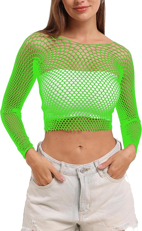 Lemon Girl Women Fishnet Crop Tops Lingerie Long Sleeve Top Babydoll Chemise US 2-16