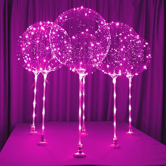 Lightsfever LED Balloons with Sticks and Stands and Batteries 6Pack Pink | Table Top Centerpieces for Party, Clear bobo balloons, No Helium Required, Birthday, Wedding, Party Decorations