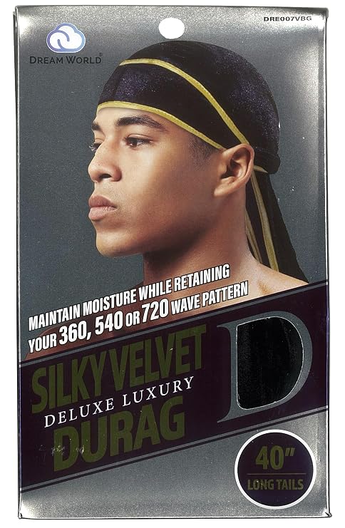 Dream World Silky Velvet Durag Black with Gold Trim