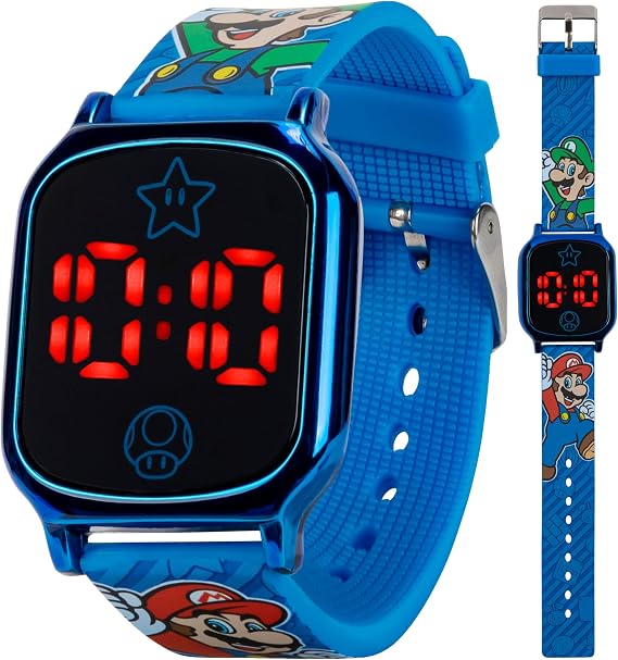 Super Mario Kids Touch-Activated LED Watch - Digital Time Display, Blue Alloy Case, Soft Silicone Strap, Fun Mario & Luigi Design - Fits Wrists 5.5" to 8"