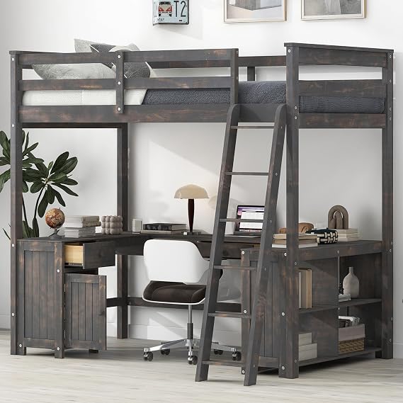 Versatile Full Size Loft Bed with U-shaped Desk, Drawers and Storage Shelves, Solid Wood Loft Bed Frame with Full-length Guardrails, Space-saving (Antique Brown-UDK, Full)