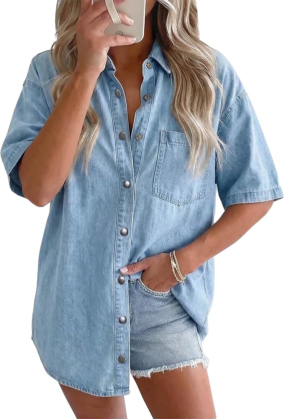 POTILI Short Sleeve Denim Shirt for Women Oversized Jean Shirts Top Trendy