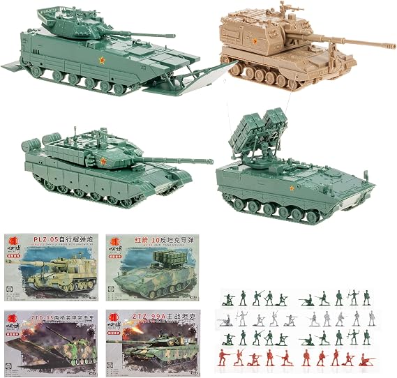 1:72 Military Vehicle Model Set - ZTD-05, ZTZ-99A, HJ-10 & PLZ-05 - DIY Assembly and Painting Kit with 40 Mini Soldier Figures for Collectors & Hobbyists