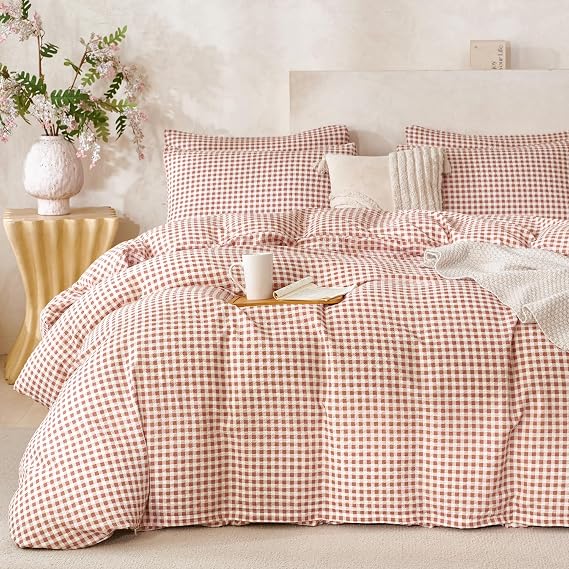 Brown Comforter Set Queen Size Grid 100% Soft Washed Microfiber Jacquard 3 Pieces Grid Bedding Sets Brown White Comforter Queen for All Seasons and 2 Pillowcases Comfort Breathable